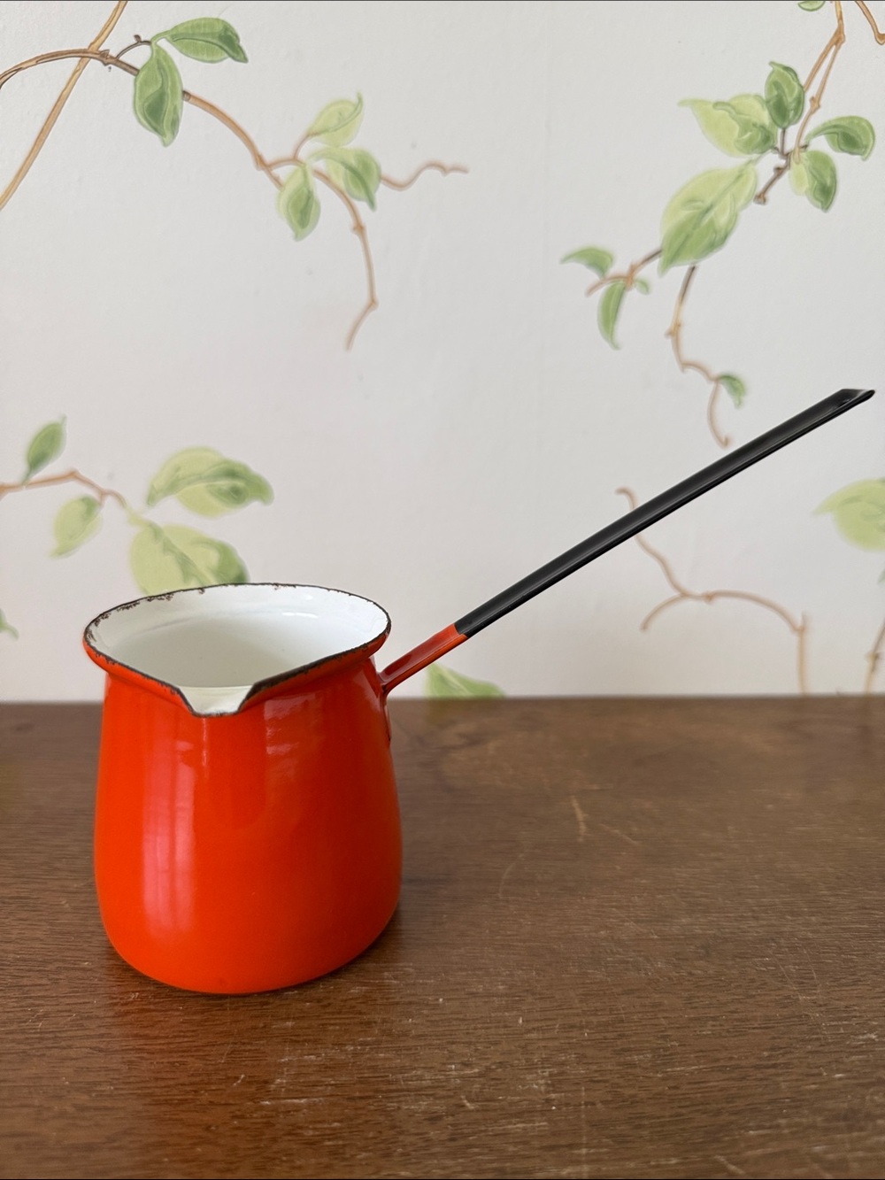 Vintage Orange Enamel Turkish Coffee Pot Butter Warmer Long Handle